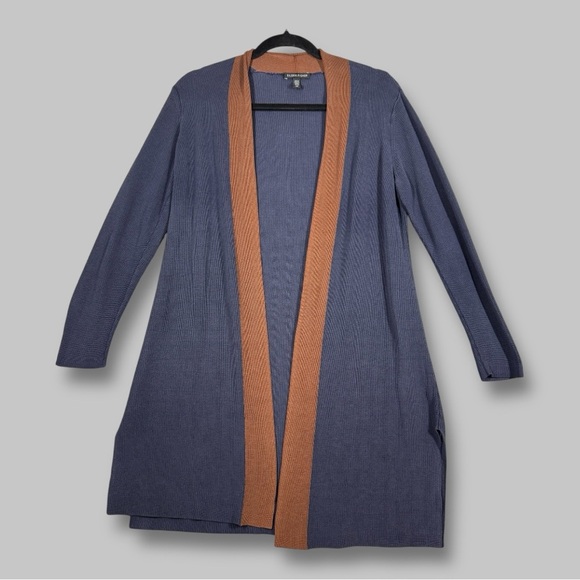 Eileen Fisher Blue Brown Ribbed Tencel Lyocell Blend Open Knit Cardigan Size SP - Picture 1 of 13